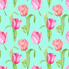 Obraz premium Watercolor hand drawn seamless floral pattern. Pink tulips, spring flowers on blue-turquoise background. 