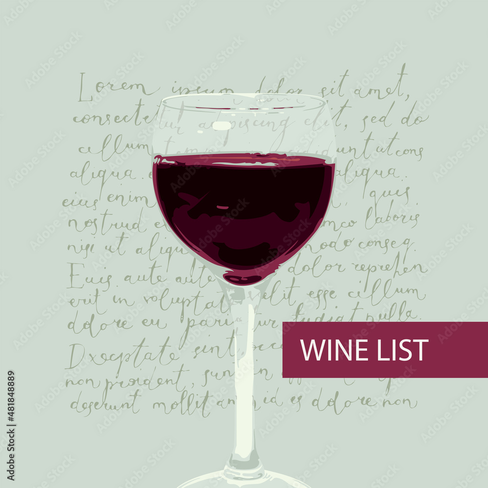 Poster wine list for restaurant or cafe with a glass of red wine on a light background with handwritten lor