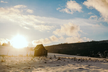 Winter Landscape of Mountains and Forests at Sunset