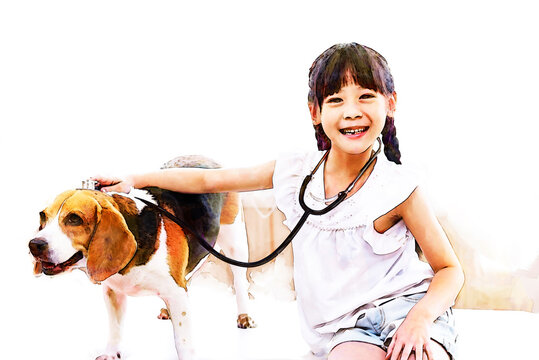 Digital painting and drawing of Asian girl playing roll as veterinary doctor with her dog in  the animal hospital.