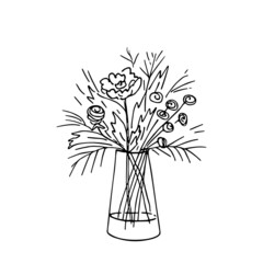 Doodle bouquet with roses and peonies,hand drawn flowers.Romantic bunch,gift to holiday.Simple floral sketch, drawing, still life.Botanical illustration.Isolated.Vector illustration