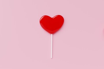 Red heart Sweet lollipop candy on pastel color background.