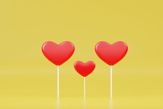 Red heart Sweet lollipop candy on pastel color background.