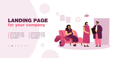 Pregnant women waiting in line at hospital or clinic. Doctor talking to female about health of baby flat vector illustration. Pregnancy, motherhood concept for banner, website design or landing page