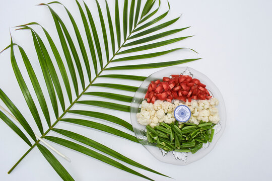 Republic day of India Food. Independence day of India food. Raw vegetables concept theme depicting Indian flag tricolor tiranga jhanda