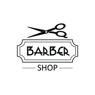 Barbershop logotype, digital hand lettering. Black letters in an old stylized frame with scissors above. The logotype is for hairdressers, shops, hair studios, men's salons.  Vector illustration.