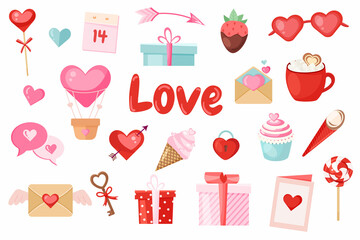 Set of Valentine's Day elements. Balloon, ice cream, sweets, hearts, etc. for decoration. Romantic set of cute elements isolated on white background. Vector illustration.