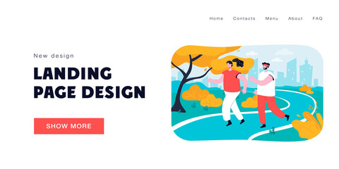 Happy couple running together in park. Male and female cartoon persons jogging in summer flat vector illustration. Healthy lifestyle, fitness concept for banner, website design or landing web page