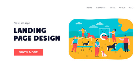 People playing and training their pets on special playground. Flat vector illustration. People training their dogs in city park area. Animal, activity, education, nature concept for banner design