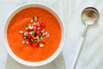 Traditional spanish cold tomato soup of fresh raw vegetables