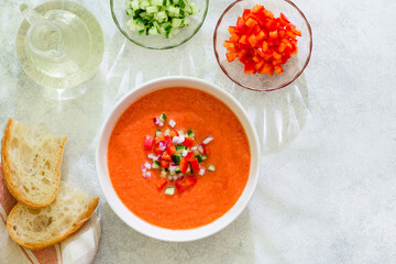 Traditional spanish cold tomato soup of fresh raw vegetables