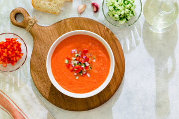 Traditional spanish cold tomato soup of fresh raw vegetables