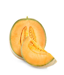 Cut tasty ripe melons on white background