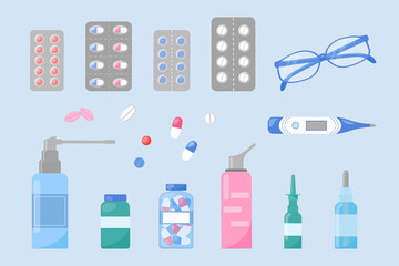 Pharmacy set. Medicines pills, capsules, nasal sprays isolated. Collection of medical and optics elements. Healthy concept. Vector flat illustration