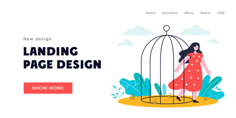 Happy woman leaving birdcage. Female cartoon coming out of cage, opening up flat vector illustration. Freedom, domestic violence, mental health concept for banner, website design or landing web page