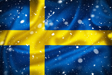 Sweden flag silk surface illustration with snow layer