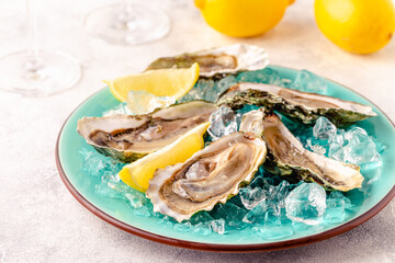Opened fresh oysters on a blue plate, served with lemon and ice.