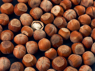 A lot of hazelnuts lie on a black background, nuts in a shell, close-up, natural texture