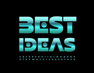 Vector creative template Best Ideas. Green reflective Font. Unique metallic Alphabet Letters and Numbers set