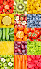 Collection of fruits and vegetables fruit collage background with berries apples and carrots portrait format