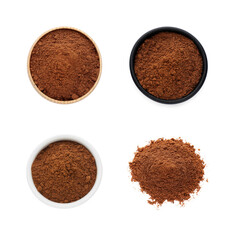 Set with nutmeg powder on white background, top view