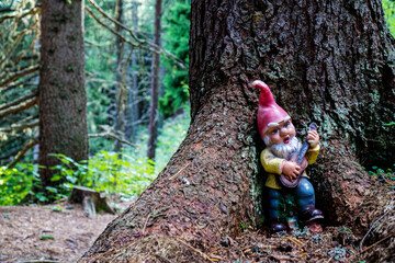 garden gnome next to the tree trunk in the forest

