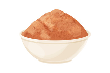 Sandalwood, chandan powder in bowl ingredient in cartoon style isolated on white background. Dried wood, medical material.