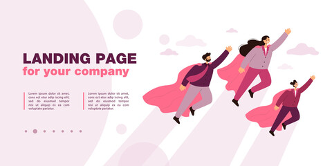 Cartoon family of superheroes flying up. Flat vector illustration. Mother, father, daughter as powerful rescue team in suits with flying capes. Family, power, business, teamwork, imagination concept