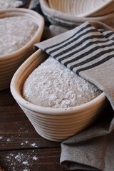 Proofing dough in a special basket. Raise the dough before baking. Yeast-free dough. The fermentation process of the dough. Sourdough bread