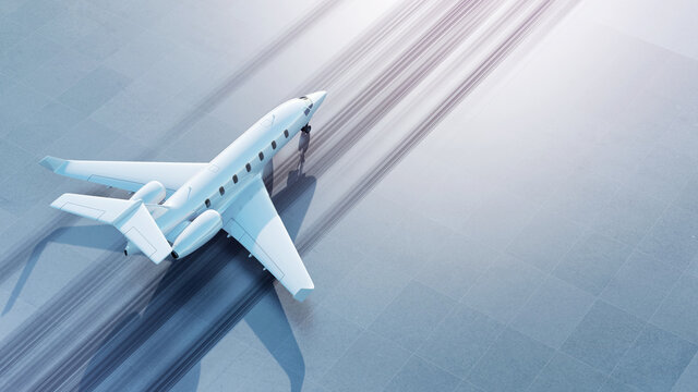 Business jet during takeoff on the runway background. Private airplane in the soft morning light. 3D render.