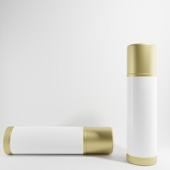 two gold roll-on bottles cosmetic with blank label on white background 3d render 