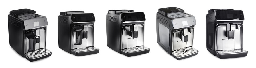 Fototapeta premium Set with modern electric coffee machines on white background. Banner design