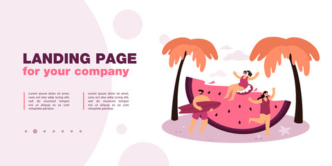 Young people with huge watermelon on beach. Family or group of friends having fun by water flat vector illustration. Beach party, traveling, summer activity concept for banner, website design