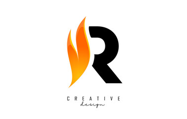 Vector illustration of abstract letter R with fire flames and Orange Swoosh design. Letter R logo with creative cut and shape.