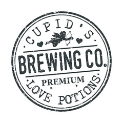 Cupid's Love Potion Brewing Co. Stamp Round Design Vector Insignia Valentine's Day Badge.