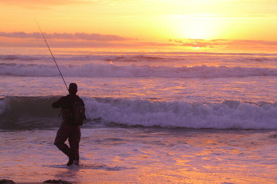 pesca deportiva o amateur en la playa, silueta de pescador
