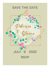 Colorful wedding invitation template with composition of watercolor flowers and leaves. Save the date. Vector design.