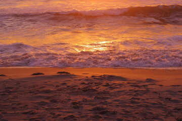 Fototapeta premium olas en la orilla de la playa en el atardecer