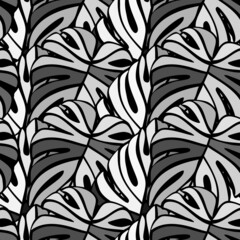 Monochrome jungle seamless pattern. Exotic plant. Tropical palm leaves floral background.