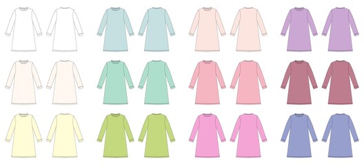 Set of nightdress technical sketch. Cotton chemise for woman collection. Nightdress illustration