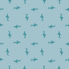 Oceanic whitetip shark seamless pattern in scandinavian style. Marine animals background. Vector illustration for children funny textile.