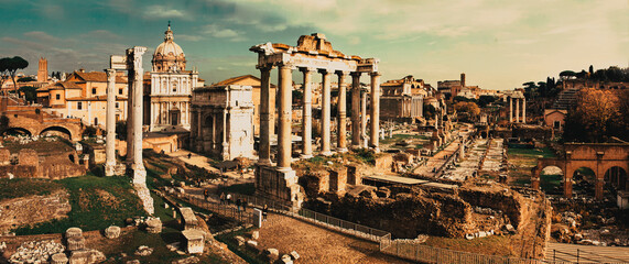 panorama of the Roman Forum Foro Romano and Ruins of Septimius Severus Arch and Saturn Temple in...