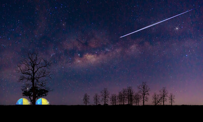 Shooting stars go across the star field.Amazing nigth sky.