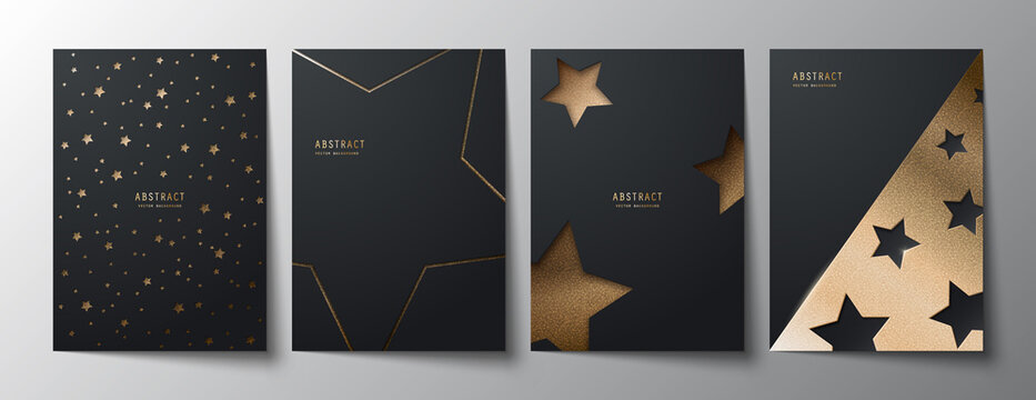 Black elegant celestial backgrounds set with stars, golden glitter and sparkles. Premium geometric design templates of invitation, brochure, notebook or card. Collection of A4 layered covers