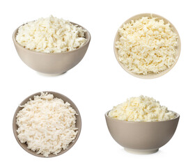 Set with delicious mozzarella cheese on white background