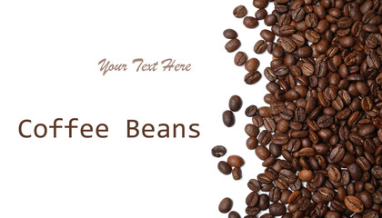 Many roasted coffee beans on white background, top view. Space for design