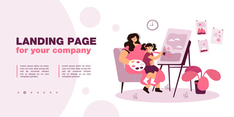 Mother and daughter drawing together. Flat vector illustration. Woman painting on easel with little girl sitting on her knees. Art, hobby, creativity, family, parenthood concept for banner design