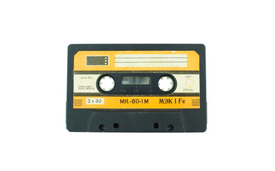 Audio compact cassette. Audio cassette on a white background, front view. analog format for audio playing and recording
