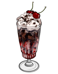 hand drawn illustration of a cocktail with two cherries. delicious hand drawn cherry cocktail vector in transparent glass. tall beautiful glass with chocolate coffee and cherry art