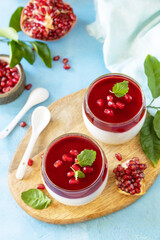 Winter panna cotta with pomegranate jelly and mint, italian dessert, homemade cuisine.